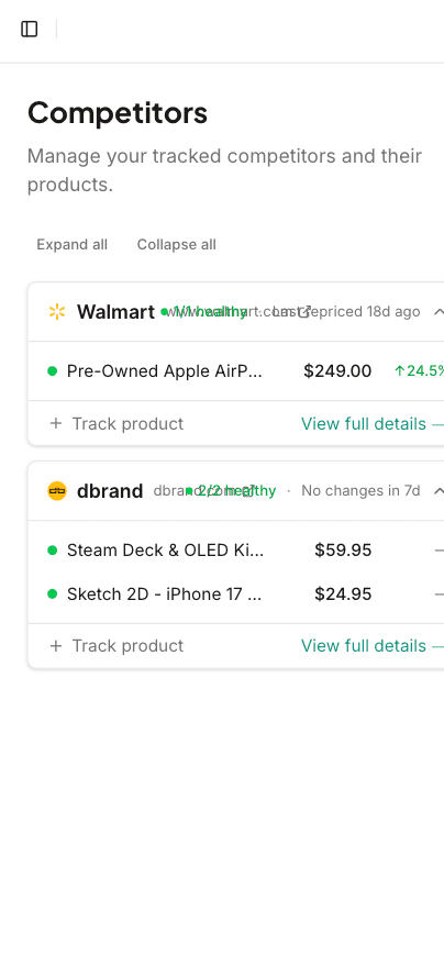 PriceOwl competitors list on mobile