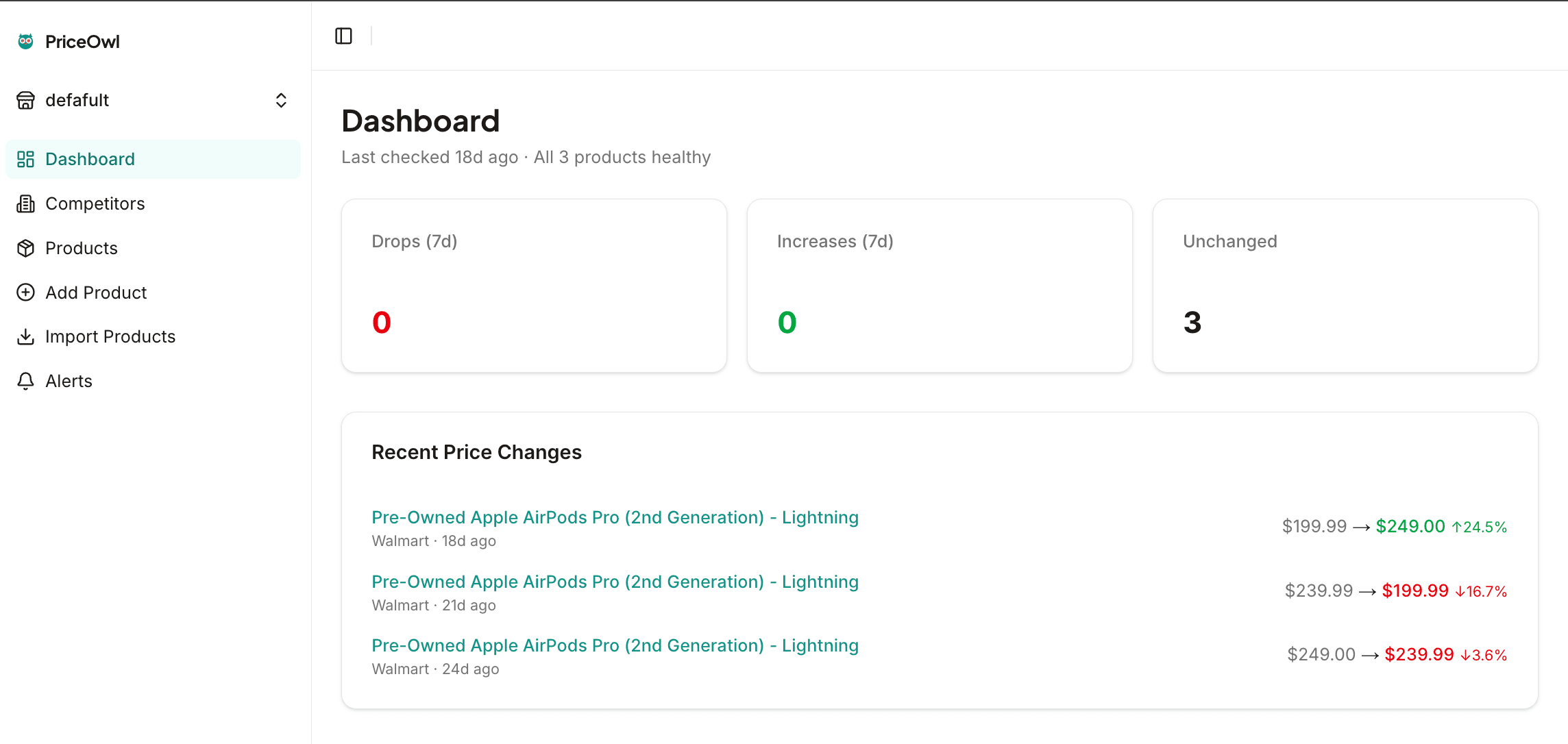 PriceOwl dashboard showing recent competitor price changes